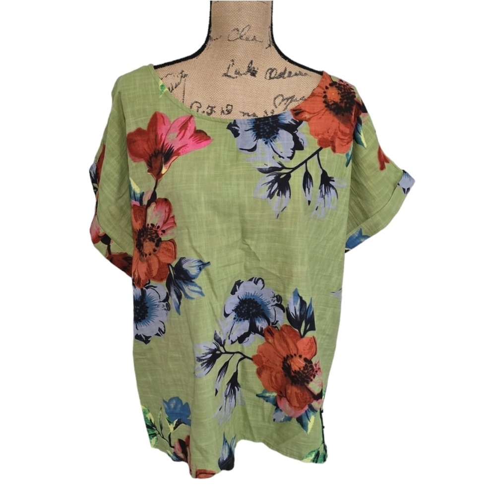 Anthropologie x Rd & Koko Linen Green Floral Hawaiian‎ Beach Shirt Plus Size New